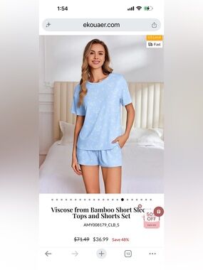 NWT-Ekouaer Certified Bamboo Fibers Sleep Set-Light Blue
